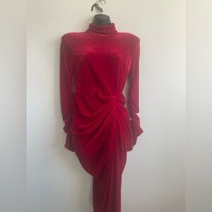 PrettyLittleThing Red Velvet Midi Dress Turtleneck Draped Long Sleeve - Size 6